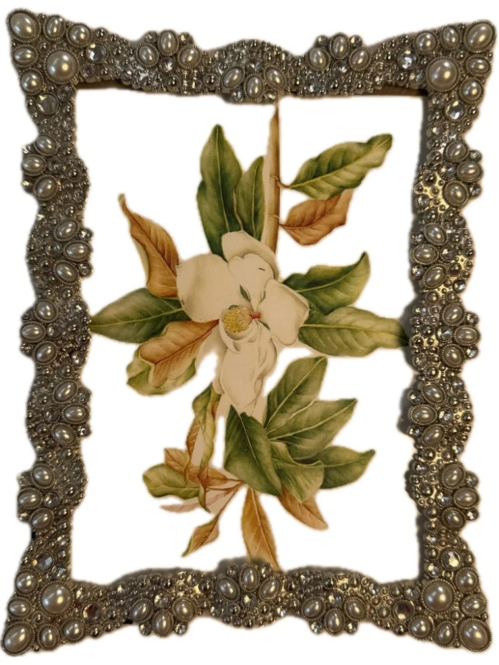 Elegant Pearl & Rhinestone Embellished Picture Frame 5x7 Silver Tone Decorative